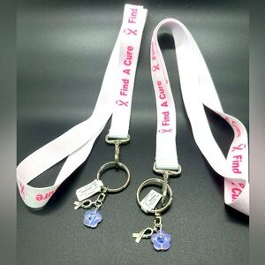 TWO Breast Cancer Awareness Grosgrain Ribbon Lanyard - WHITE FIND A CURE